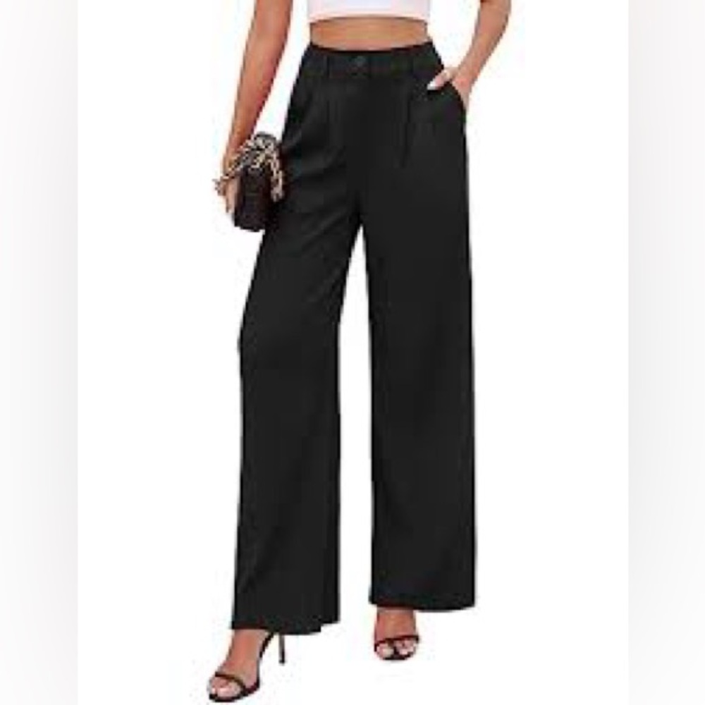 Pleated Trousers Black Dress Pants Straight Wide Leg Dressy Career Size Medium